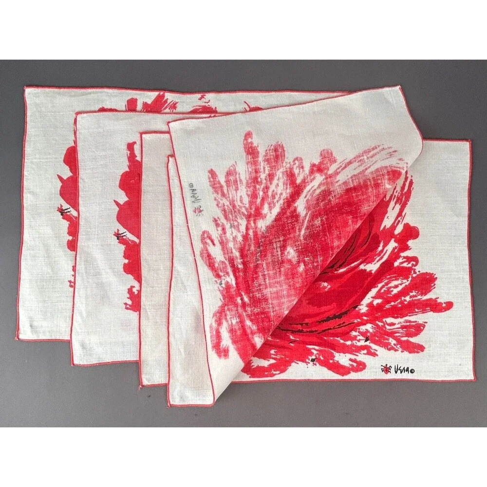 Vintage Vera Neumann Large Red Flower Linen Placemat Set of 4